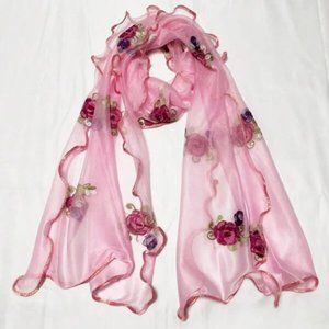 Pink Floral Embroidered Scarf